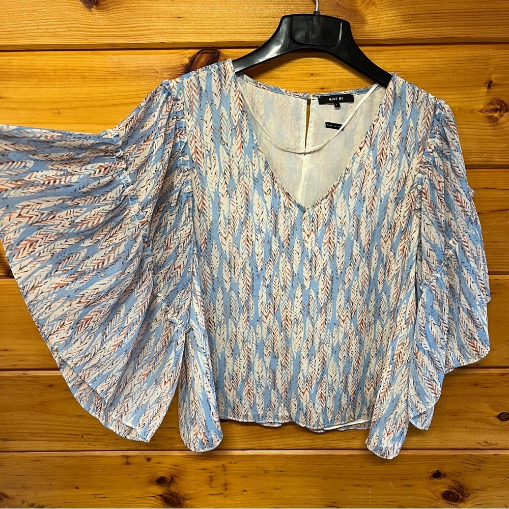 Fairy Miss Me Multicolor Chevron Wide Sleeve V Neck Lined Flowy Boho Blouse L